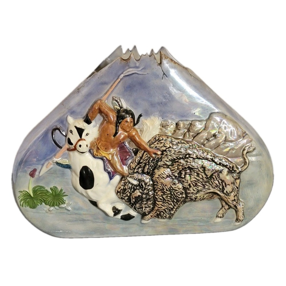 Vintage Buffalo Pottery Vase Native American Horse Hunting Bison Western Decor